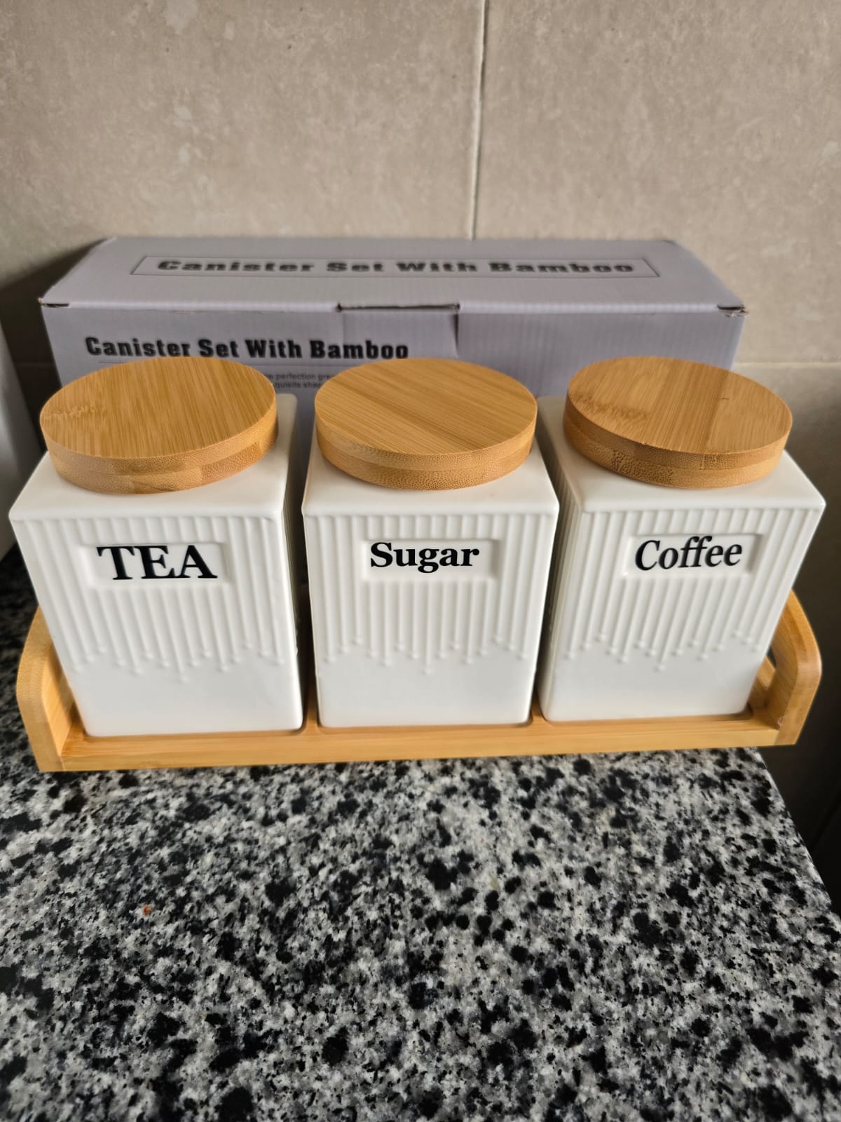 3pc Ceramic Canister Set with Bamboo Lids & Tray