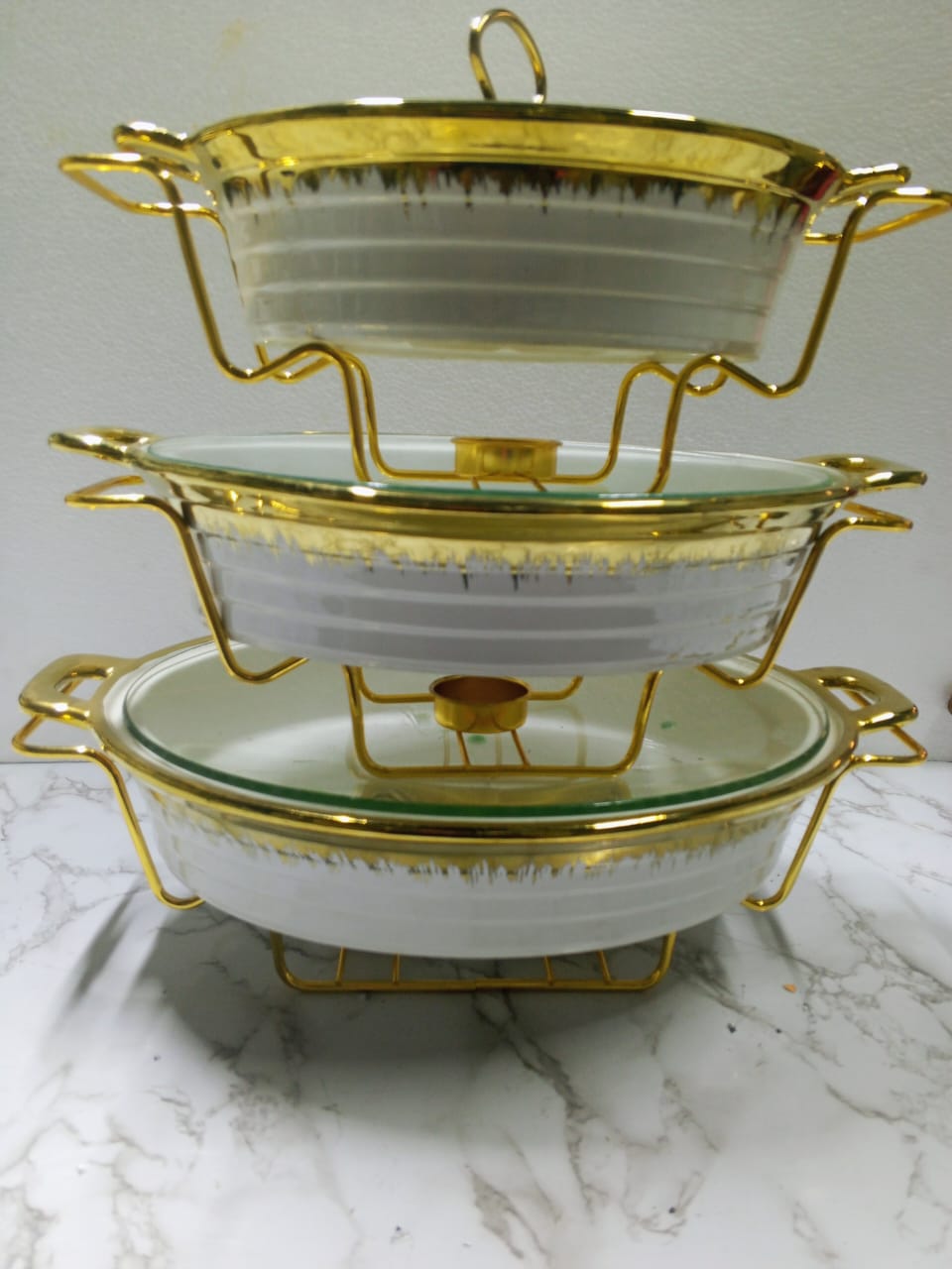 3 in 1 cream white and gold chaffing dish
