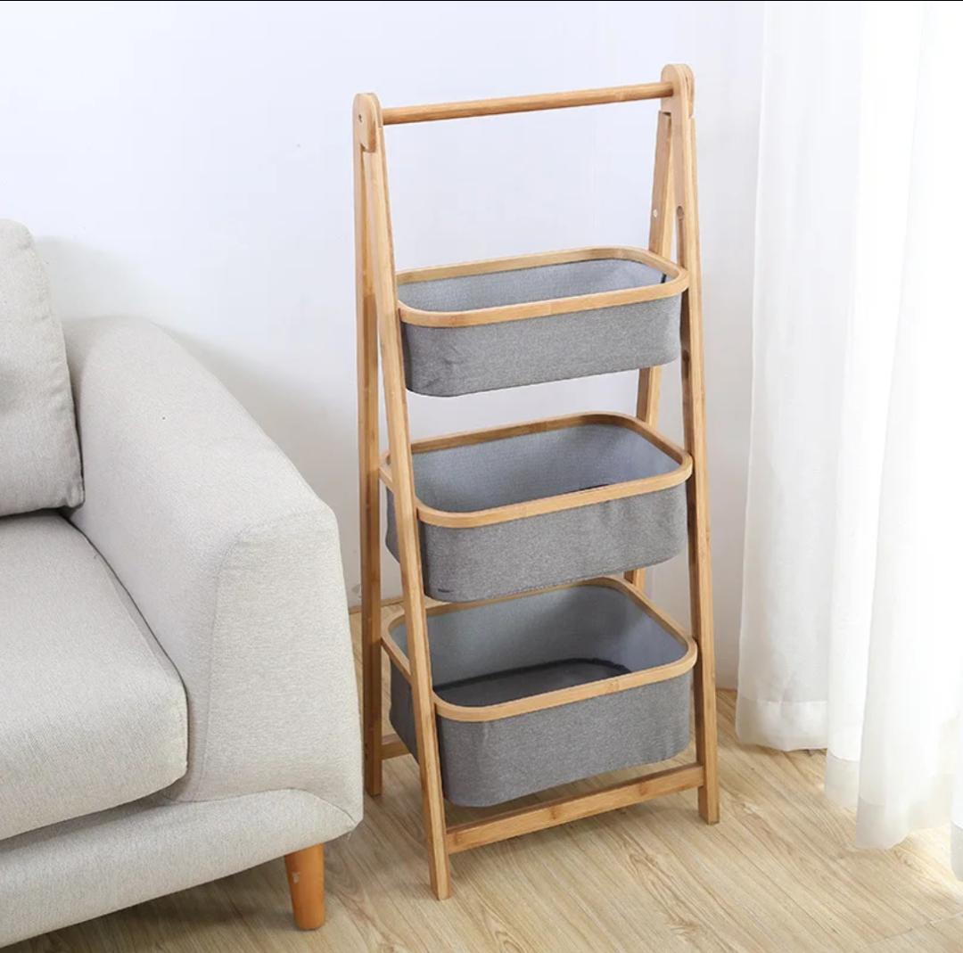 Foldable Bamboo Laundry Hamper Free-Standing Bamboo Frame Organiser with Pull-Out Fabric Baskets And Shelf, for Laundry Room Bathroom Bedroom Laundry Sorter Organizer, Style 3