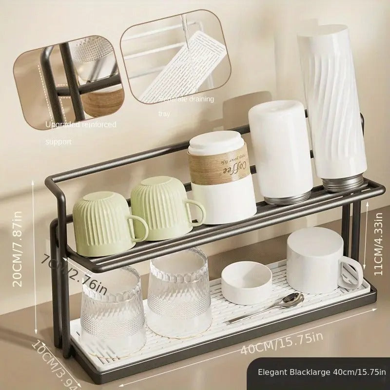 Space saving double-layer storage rack with cup holder, designed specifically for kitchen countertops