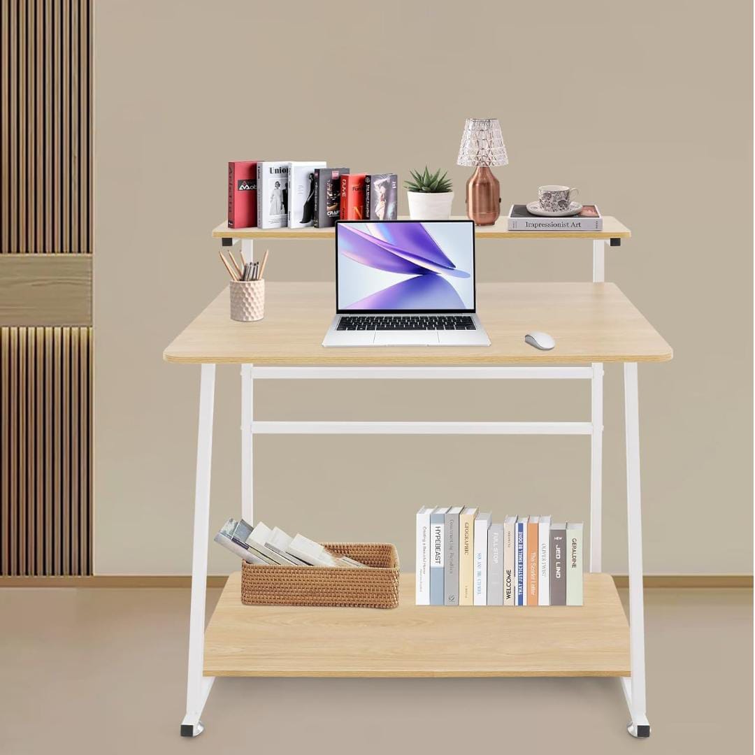 3tier Minimalist Computer Desk, Home Office Desk, Rolling Computer Desk, White, Log Color