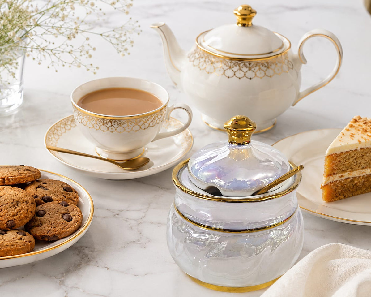 Marble Luxury Pearl Sugar Dish with Gold Spoon.