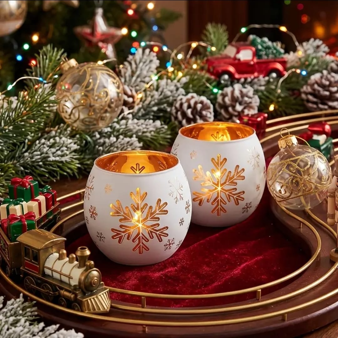 2Pc  Glass Snowflake Tealight Candle  Holders Set