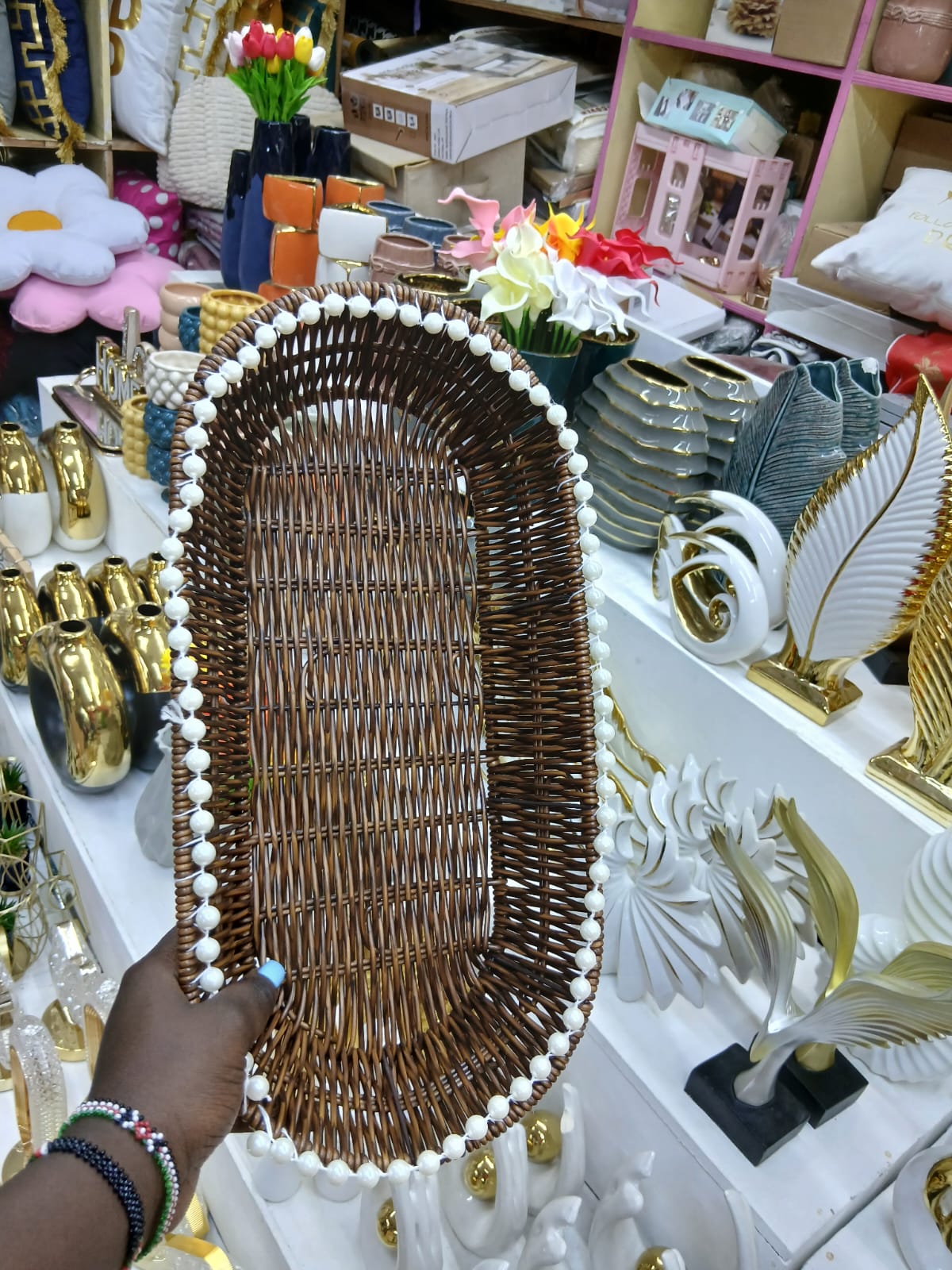 Rectangular Woven Rattan Tray with Pearl Trim