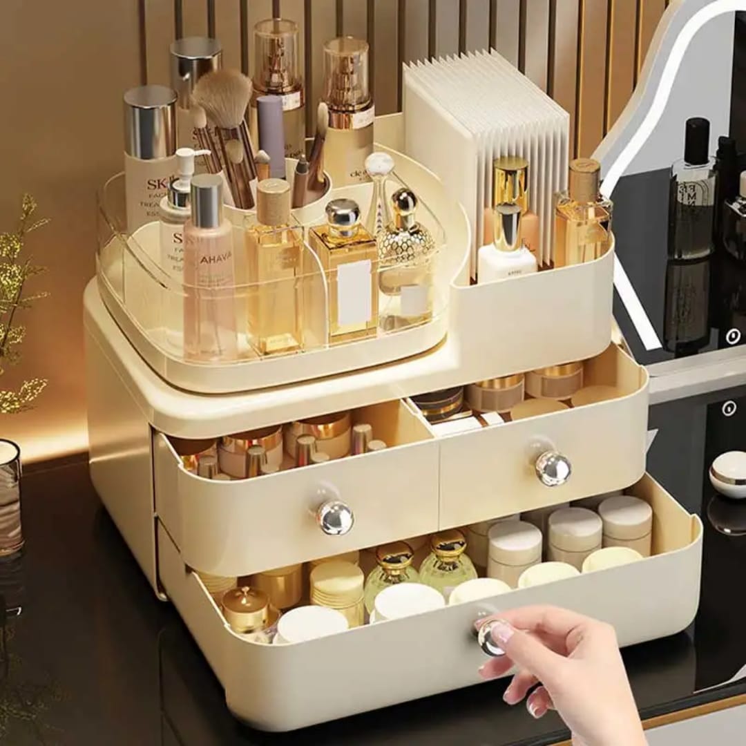 Cosmetic organizer rack with rotating top.