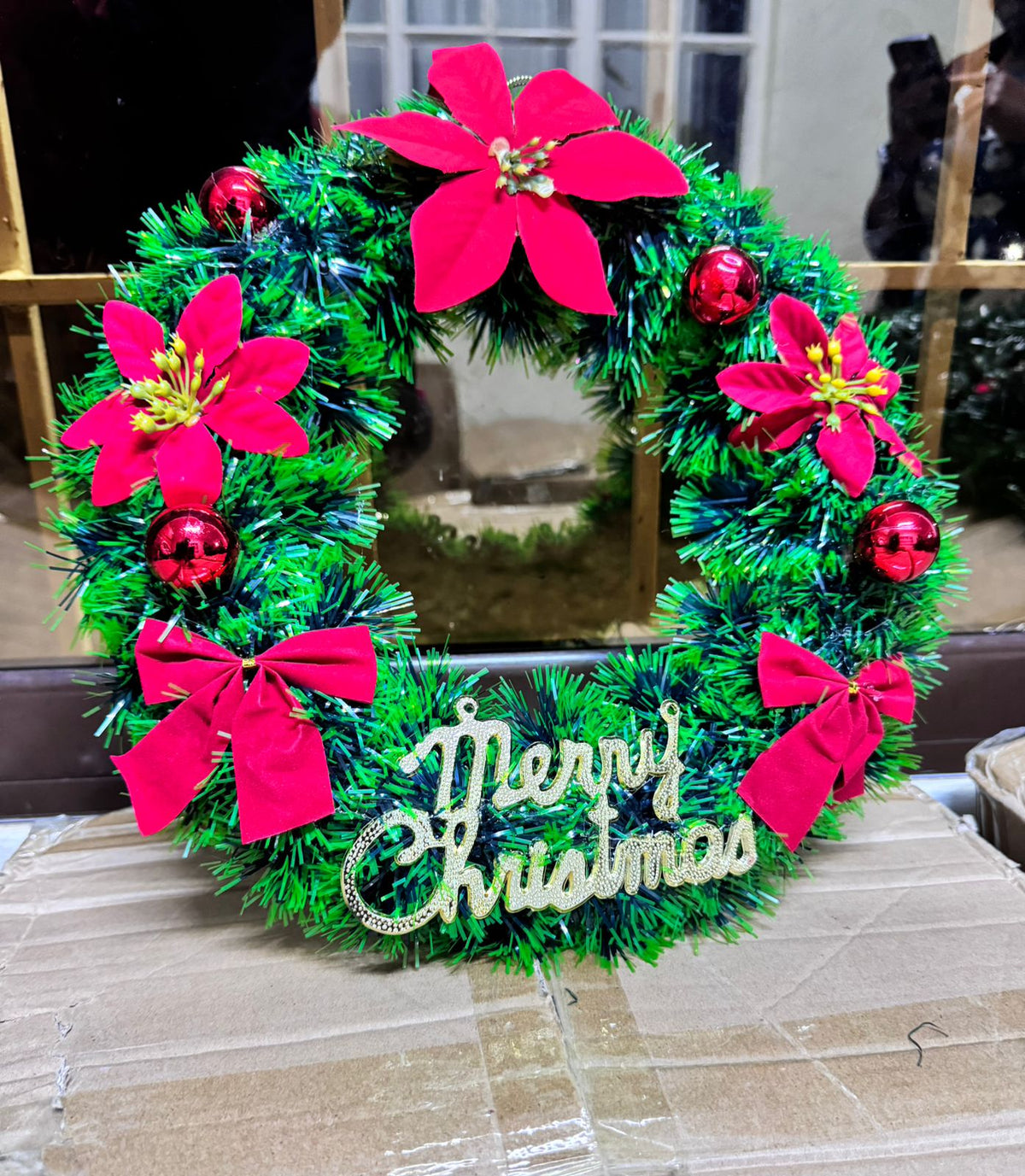 30CM Christmas Wreath for Front Door \ Window with pine artificial garland, Christmas red balls, red bow ties flowers & MERRY CHRISTMAS Word