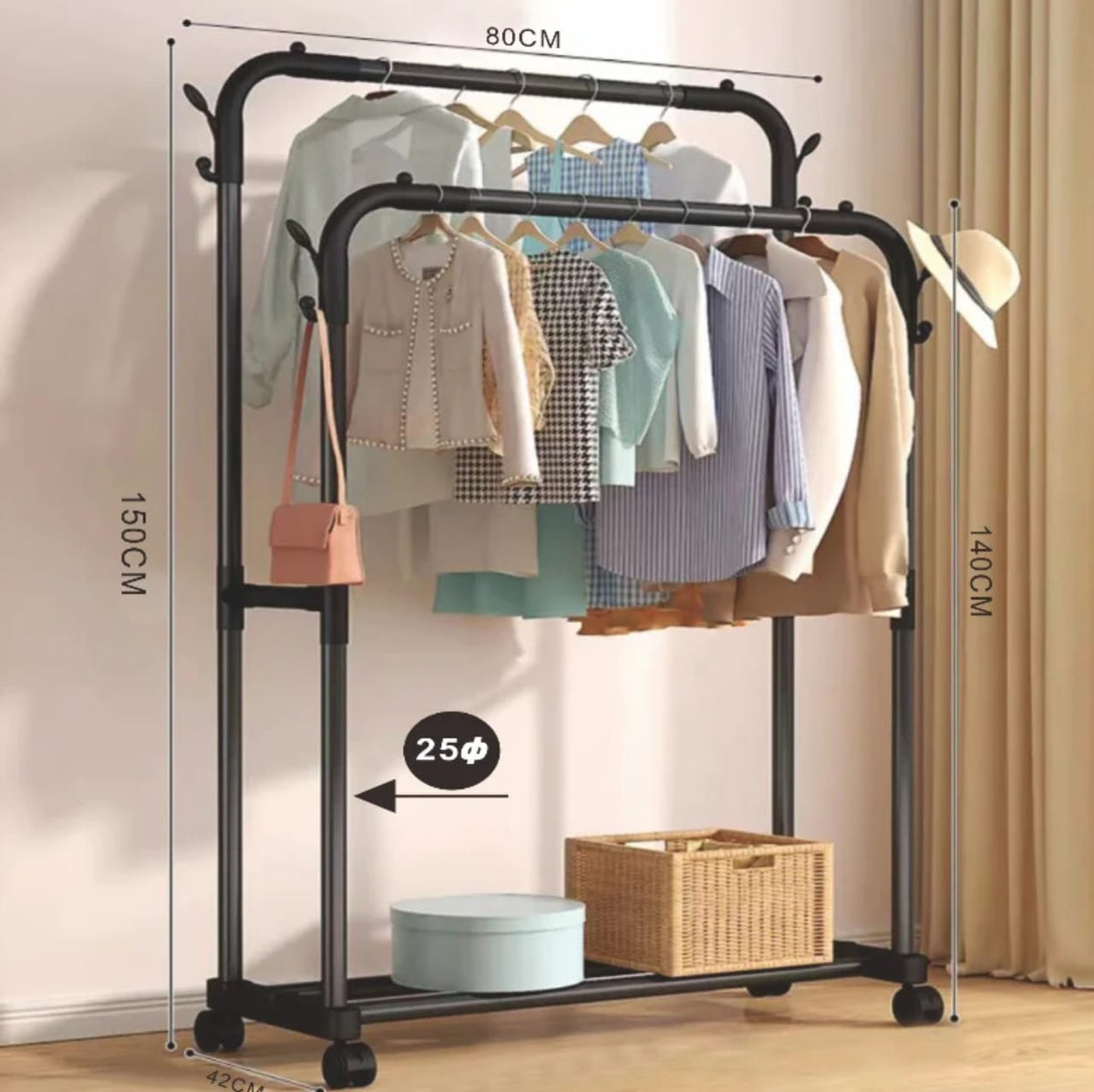 Double Pole Clothing Rack With Wheels & Lower Storage Shelf for Boxes /Shoes