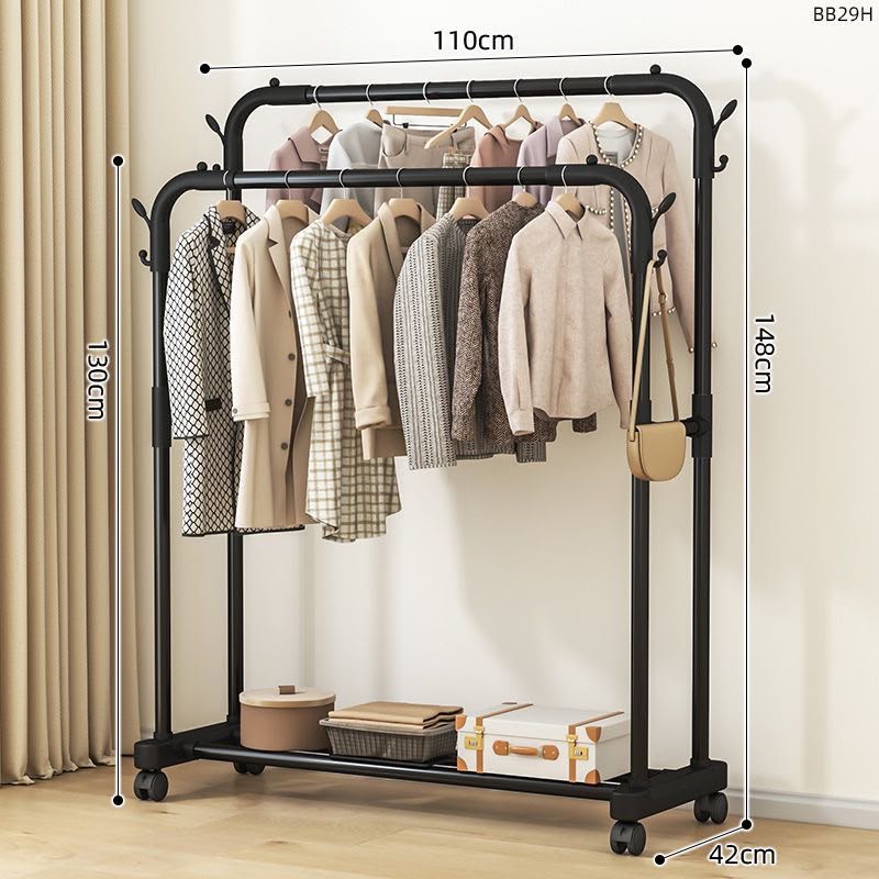 Double Pole Clothing Rack With Wheels & Lower Storage Shelf for Boxes /Shoes