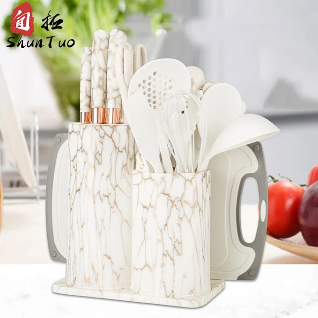 25pcs Silicon spoon & Knife Set with Block, Holder & Cutting Board