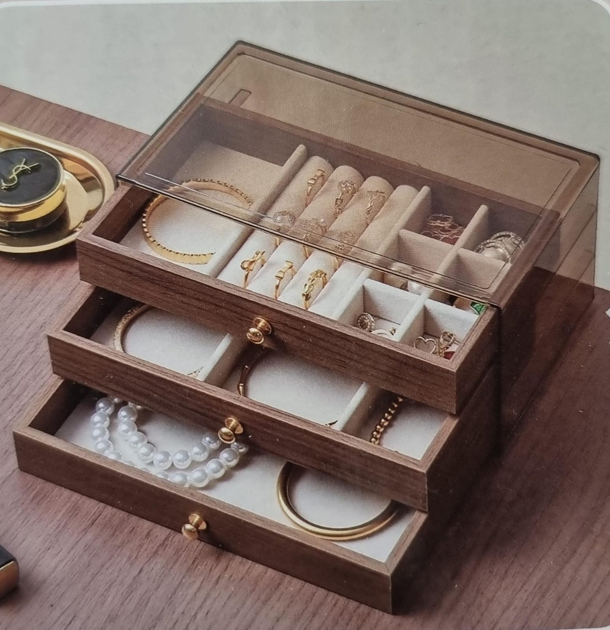 Multifunctional wood grain 3 layer jewelry box