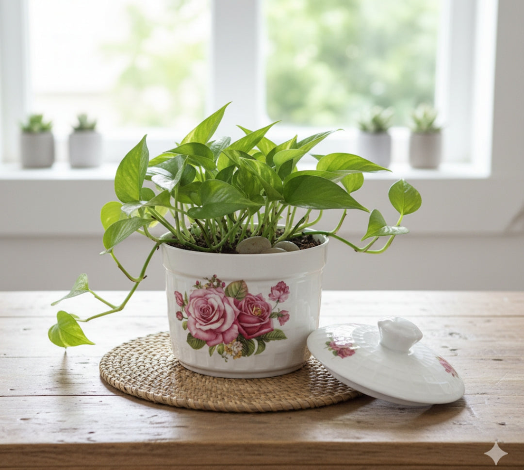 Bone china butterfly cream rose flowered stew pot.