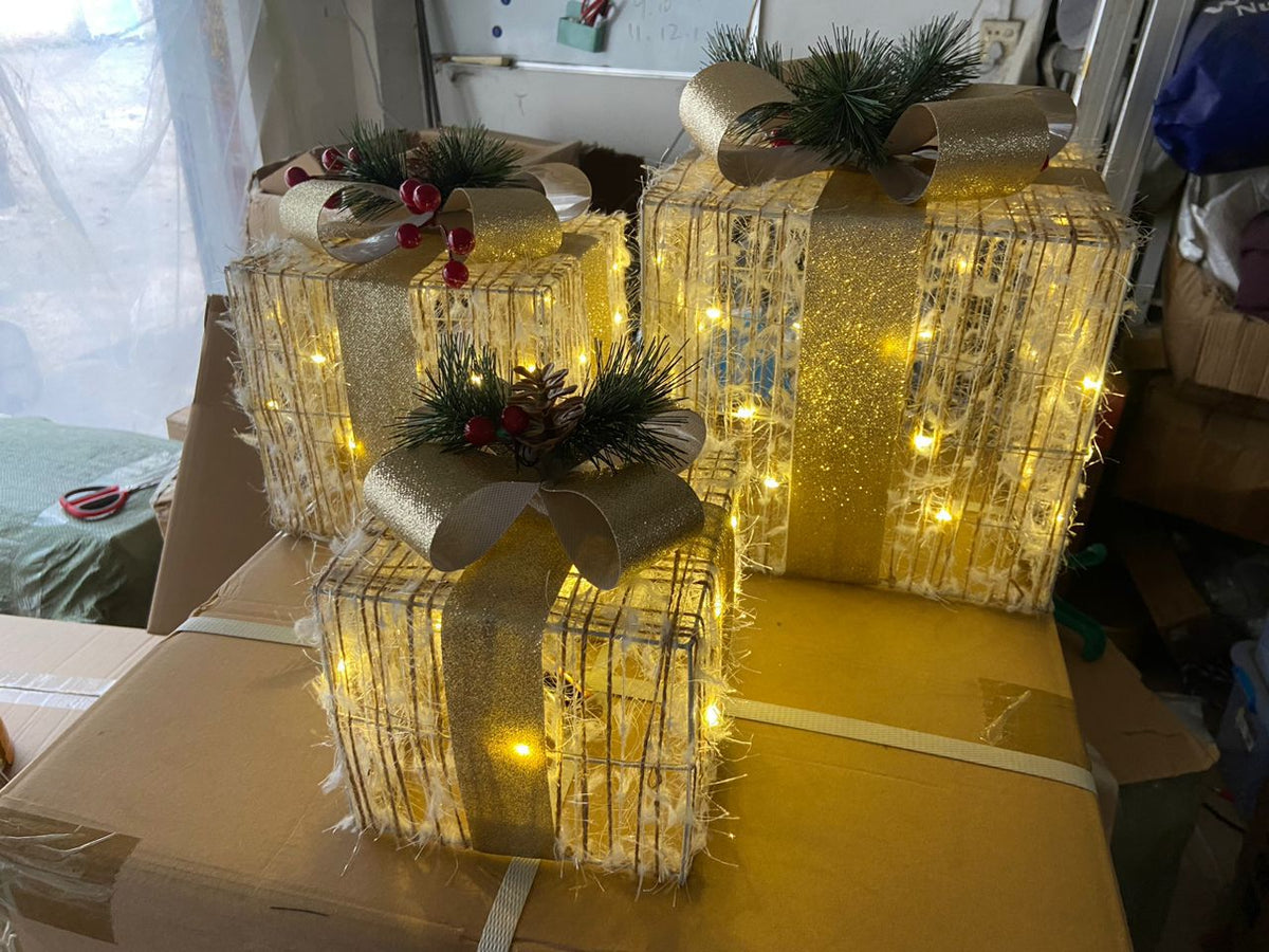 3Pc Set Snow Flocked Christmas Lighted Gift Boxes (Design B)