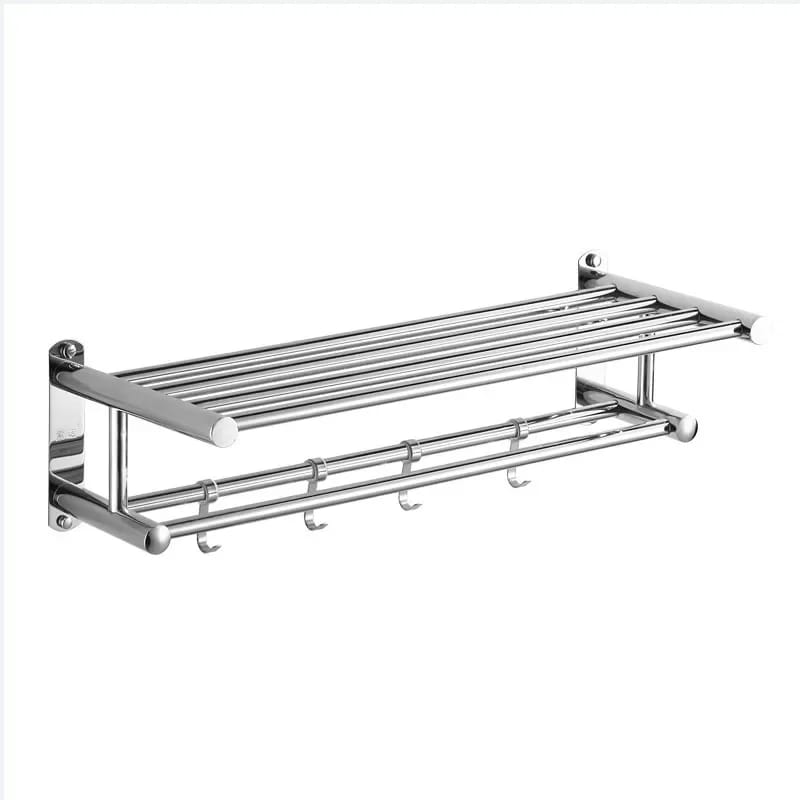 Bathroom wall mounted towel rack accessory with hooks