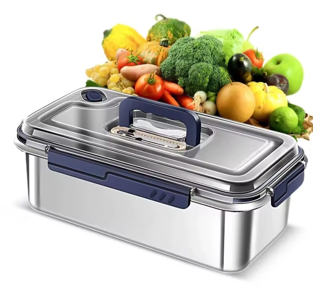 Food grade stainless steel large capacity leak proof kitchen storage container with date indicator.