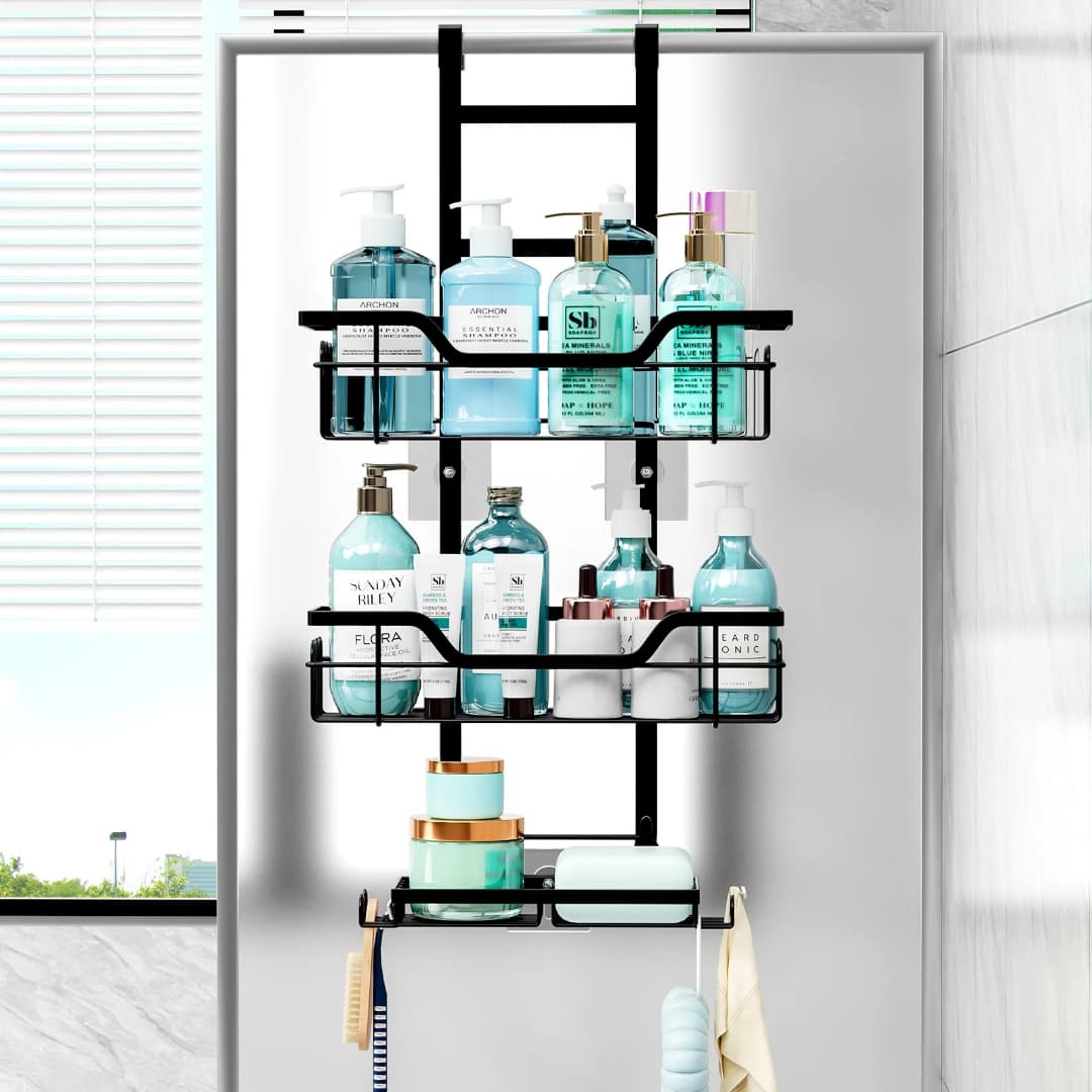 Drill-Free Bathroom Shelf Over Door Hanging Organizer Wall-Mounted Basket Rack Multi-Layer Shower Room Storage Shelf for Toilet
