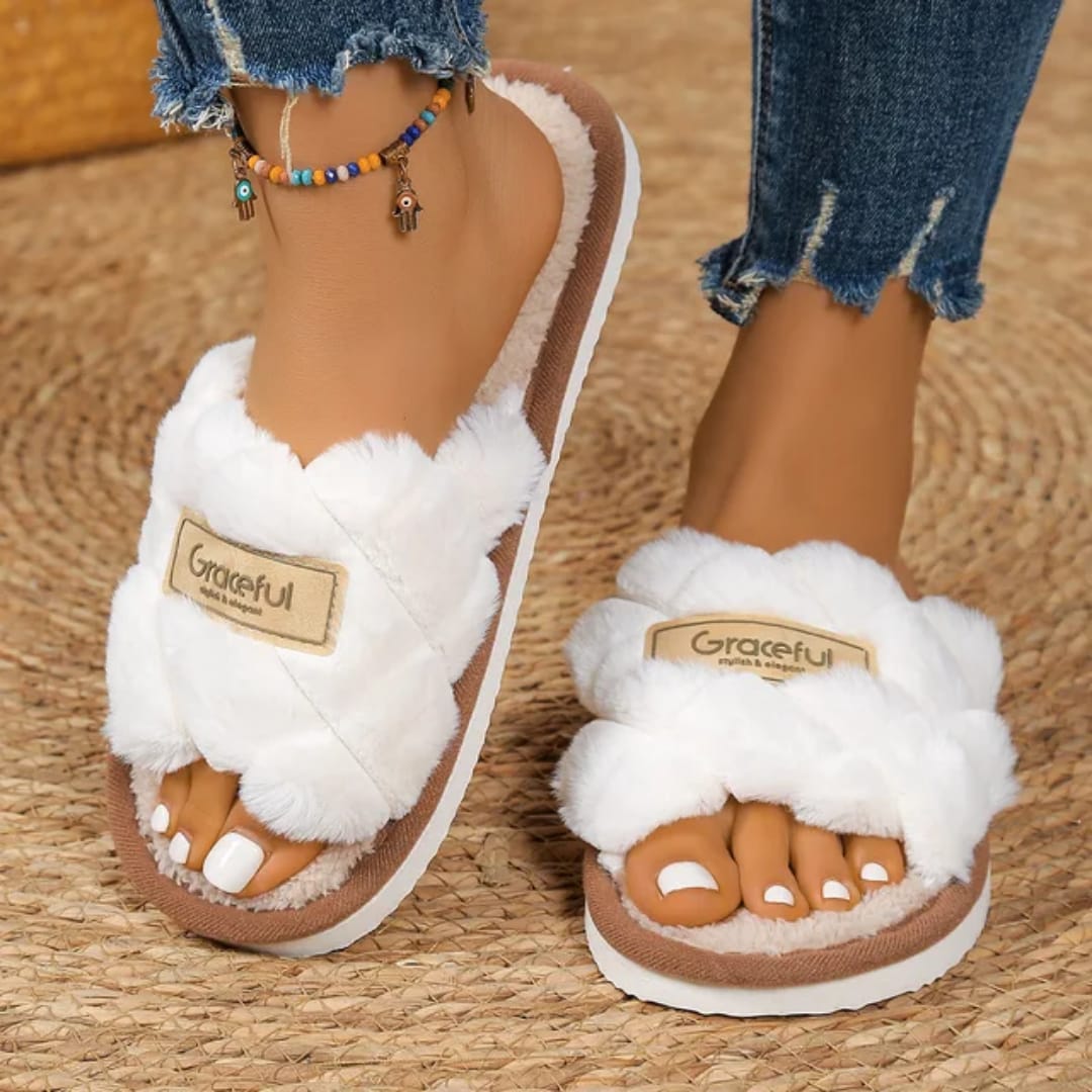 1Pair Casual Open Toe Fluffy Slippers Soft Sole Non-Slip Home Slippers Flat Bottom Keep Warm Women's Slippers Winter