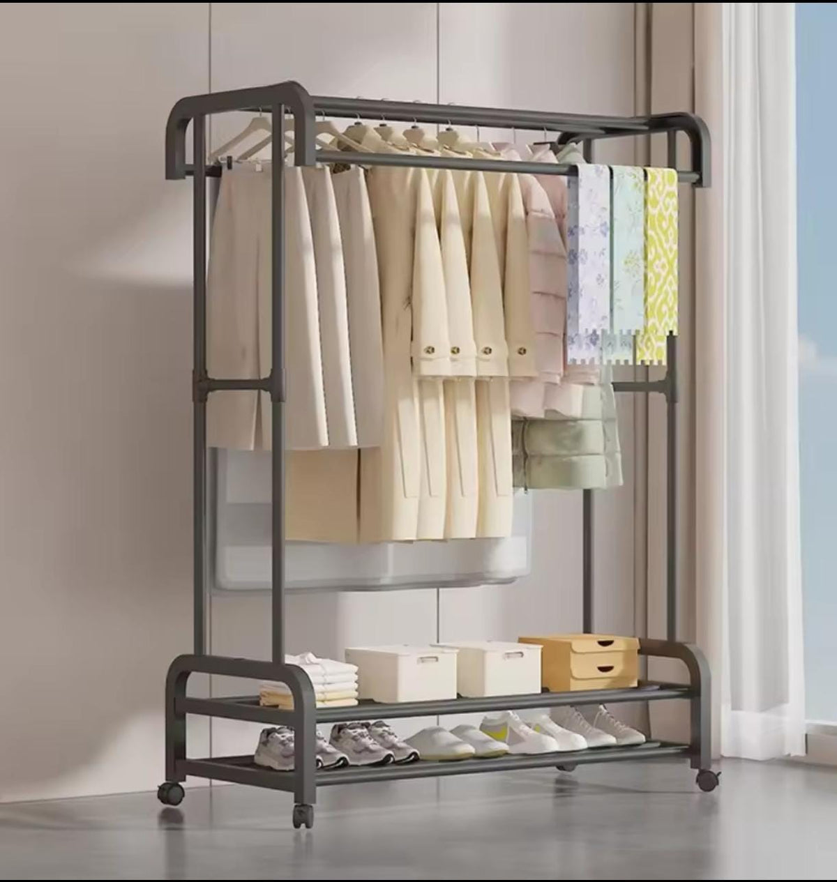 Double pole wheeled multifunctional clothes drying rack, with double layer shoe rack