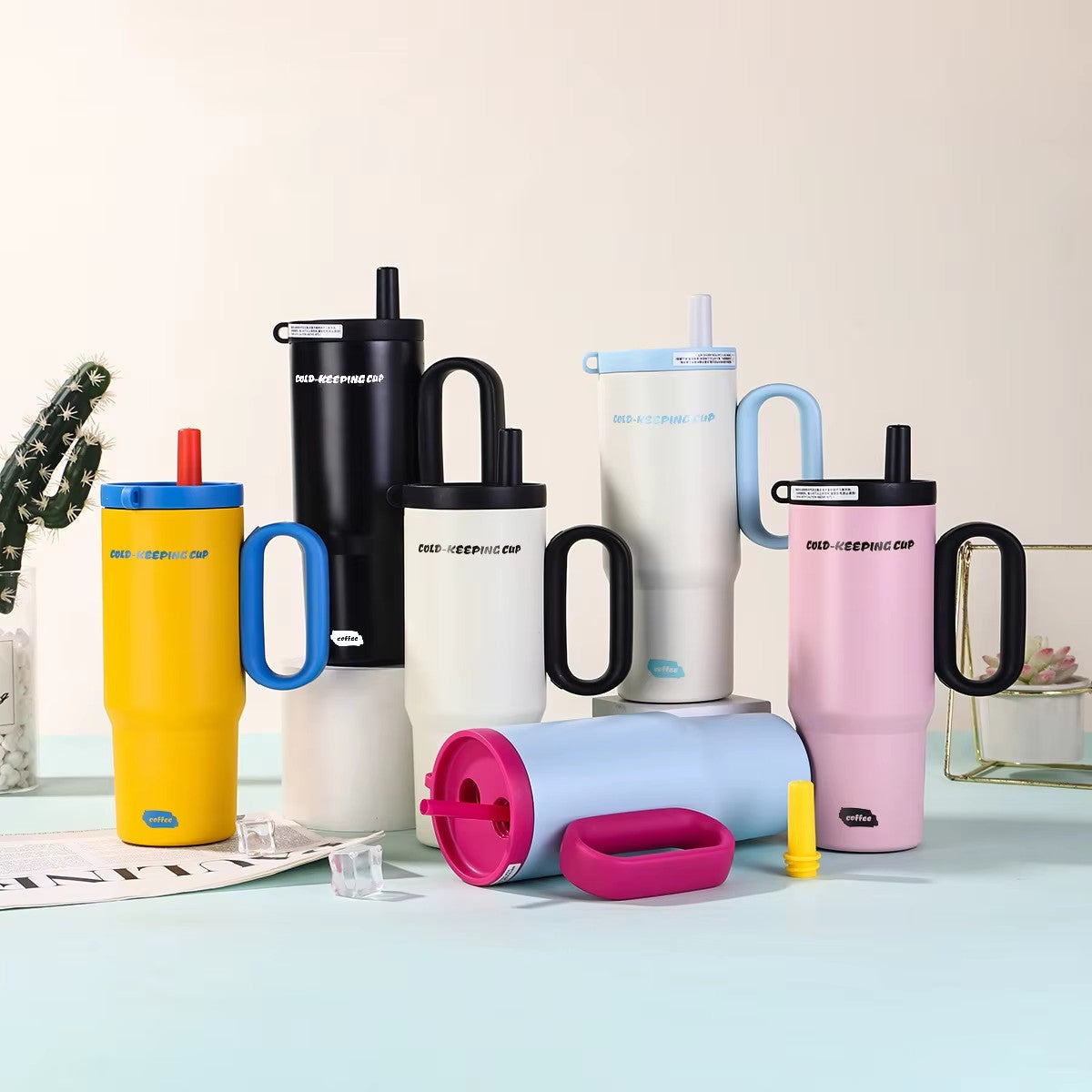 New 700ml High-Value Happy everyday Handle Ice Bucket Fashion Stanley design Large-Capacity Stainless Steel Vacuum Thermos Cup Outdoor Car Portable Straw