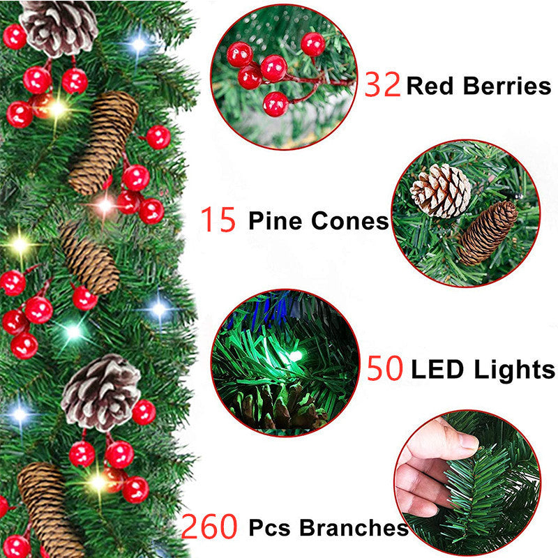 2.7M Christmas Garland decoration with pine cones, red berries