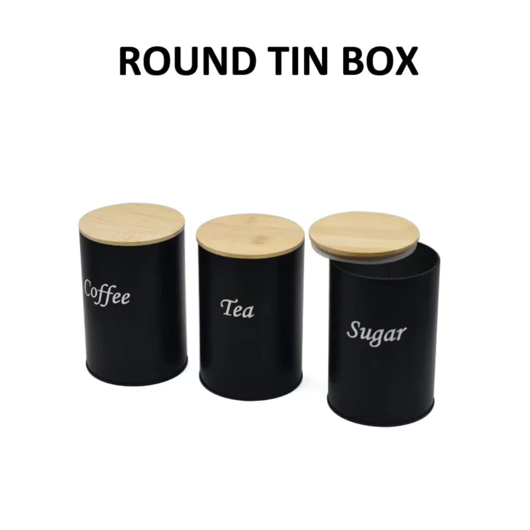 Coffee, Sugar & Tea Alloyeyal canisters with a bamboo lid