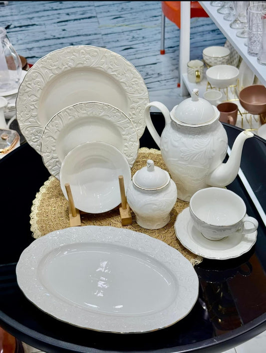 39pcs White Porcelain Embossed Ceramic dinner set with Gold rim
