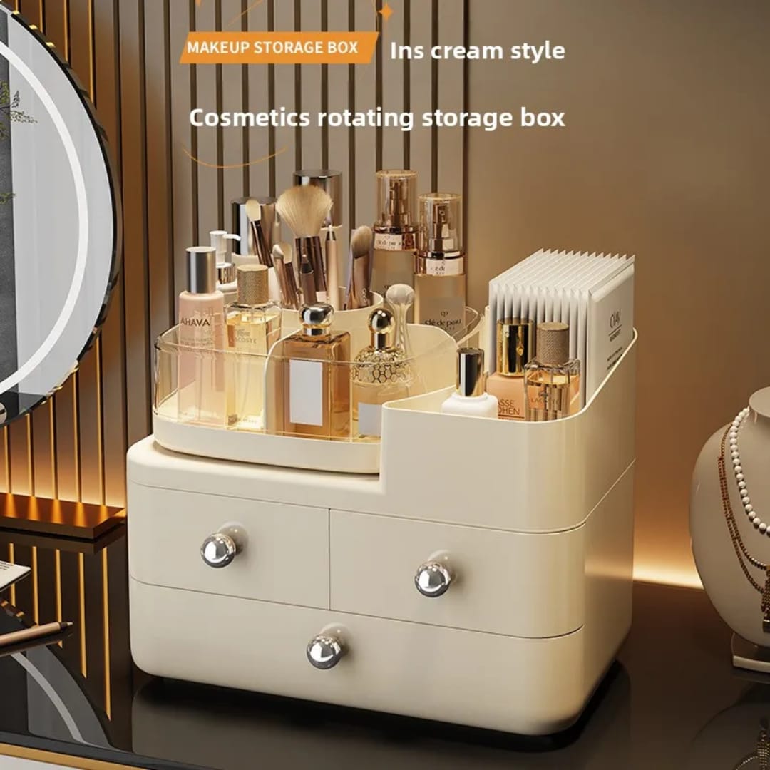 Cosmetic organizer rack with rotating top.