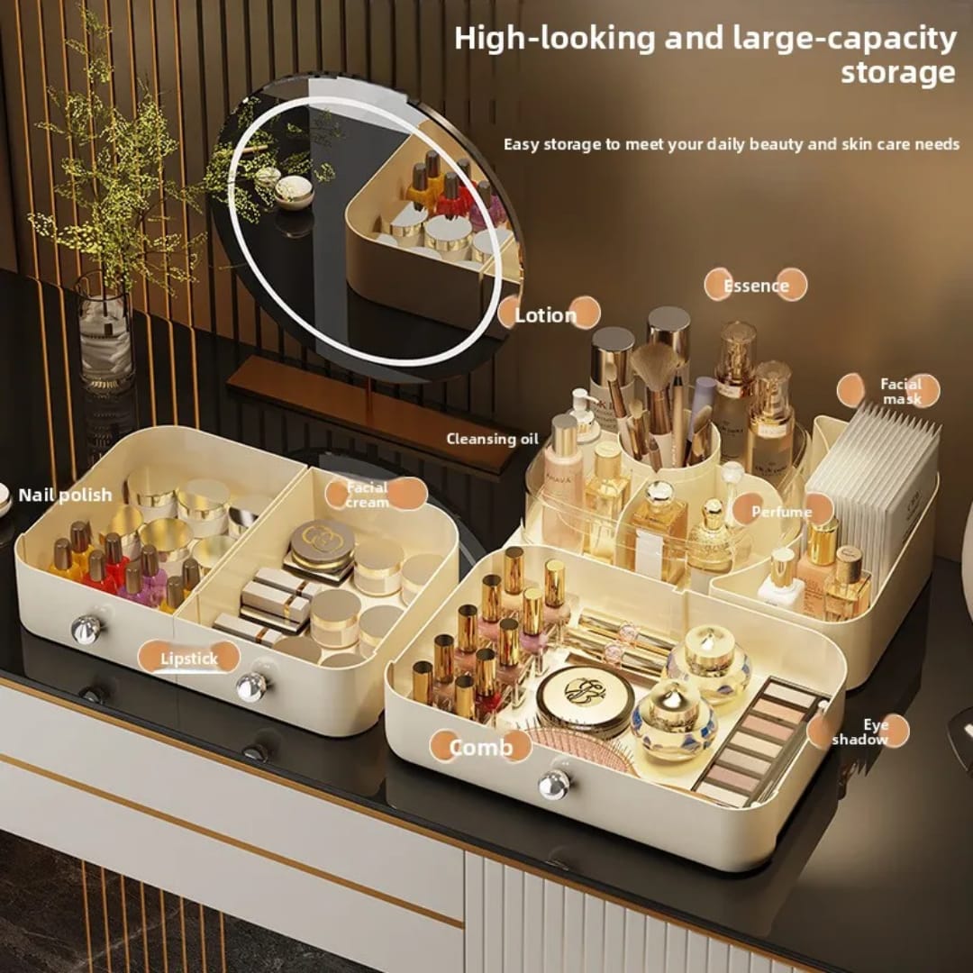 Cosmetic organizer rack with rotating top.