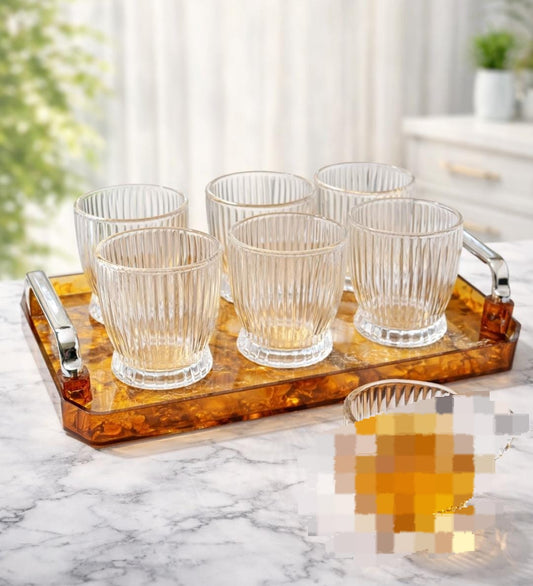 VERTICAL STRIPE WATER GLASS SET WITH TRAY