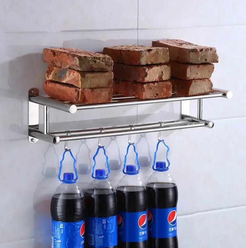 Bathroom wall mounted towel rack accessory with hooks