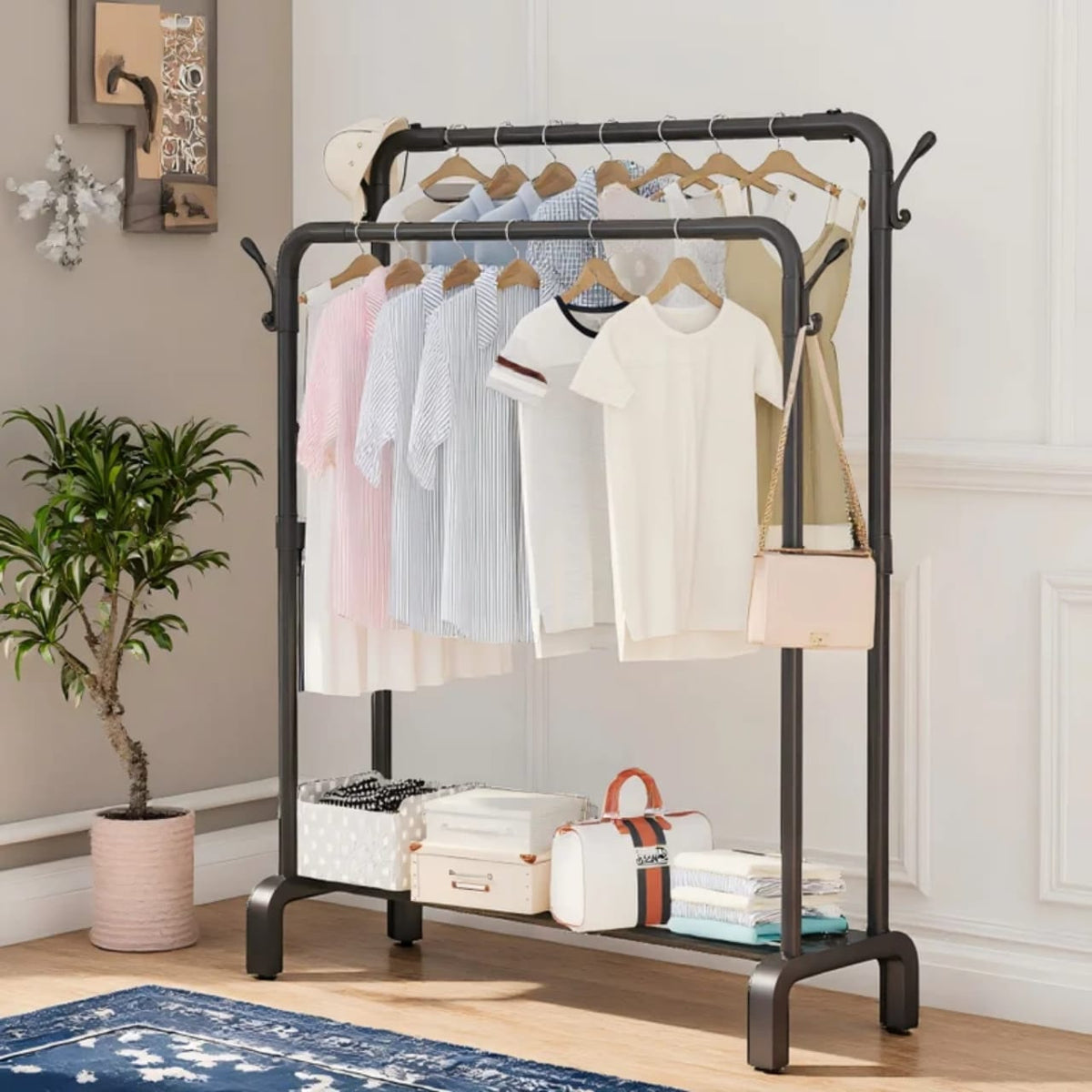 Double Pole Clothing Rack With Wheels & Lower Storage Shelf for Boxes /Shoes