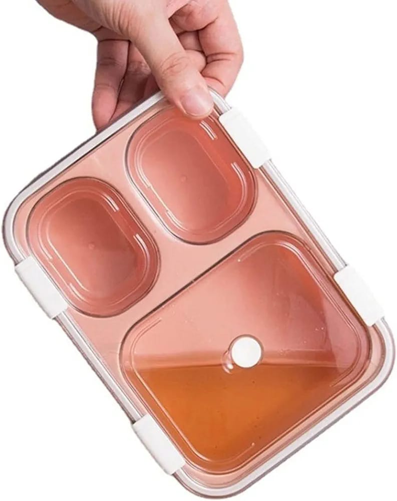 3-Compartment, 3-grid Bento Lunch Box with Spoon, Leak-Proof Food Container, Snap-Lock Lid, Silicone Washer