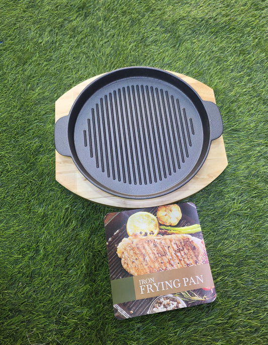 Thickened Round Cast iron Sizzling Grill pan with wooden Base.
