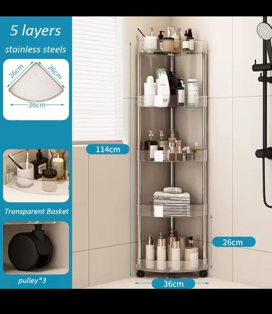 Stainless Steel Wheeled Corner Storage Shelf Transparent Corner Rack Floor Toilet Bathroom Triangle Storage Rack Gap Multi-layer
