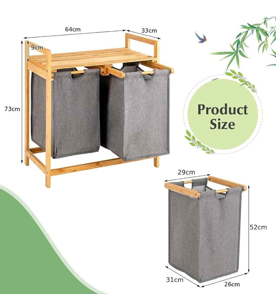Bamboo twin partition laundry organizer with storage shelf