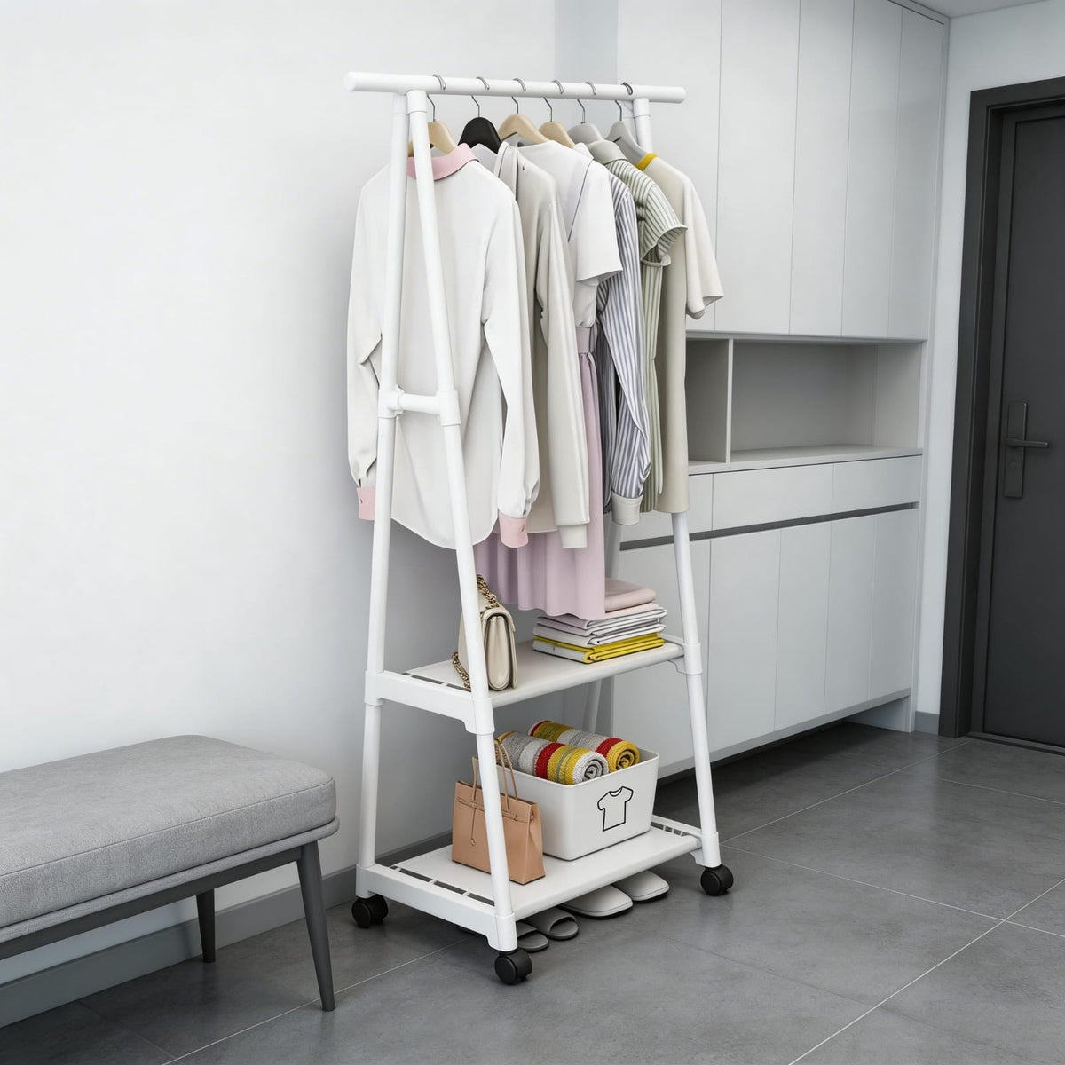 Simple coat rack Floor-to-ceiling clothes rack Household storage rack Bedroom three-dimensional clothes rack Foyer hanger