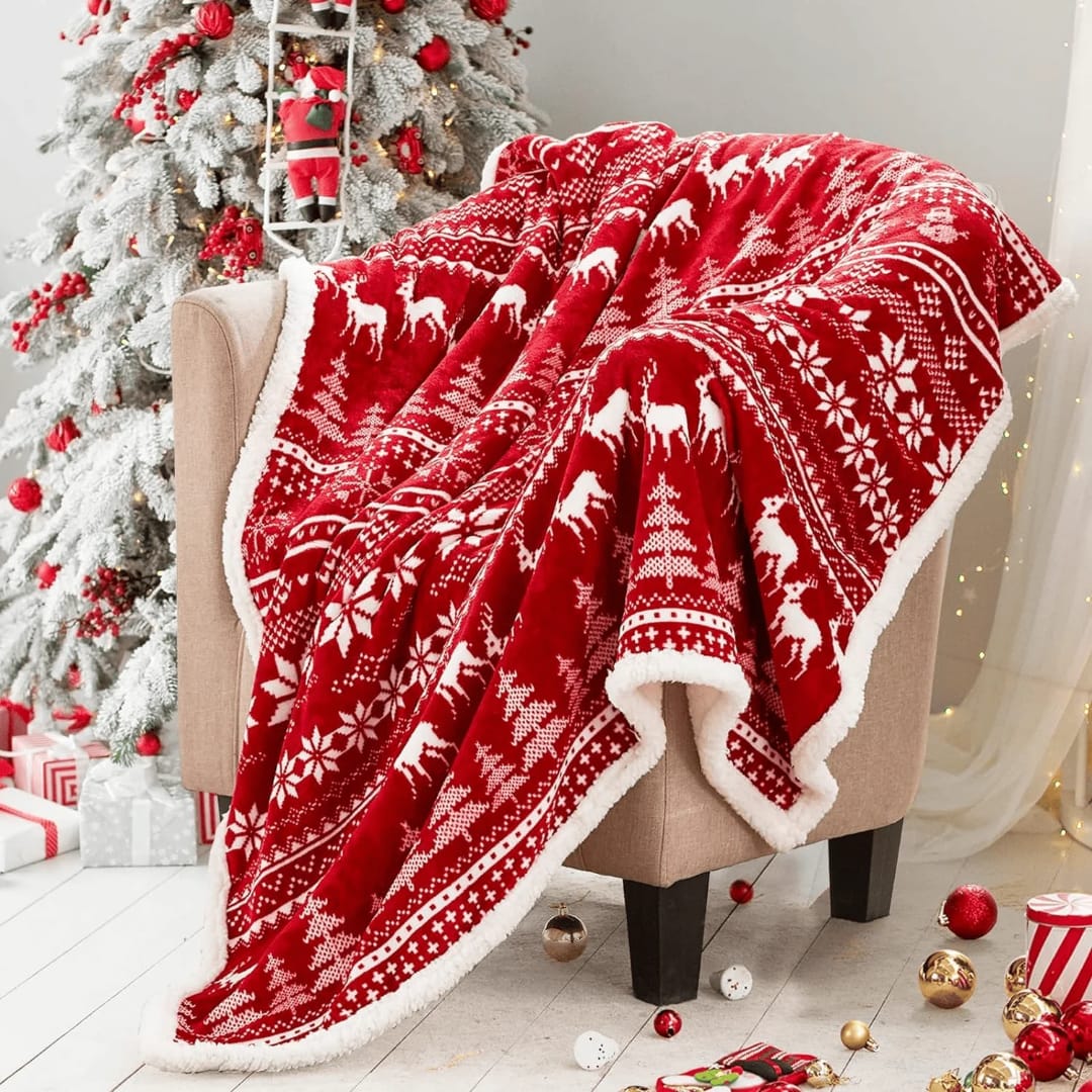 Navidad Christmas Reindeer Throw Blanket Double Layer Thicken Fluffy Soft Fleece Flannel Santa Claus Snowman Blanket Home Gift