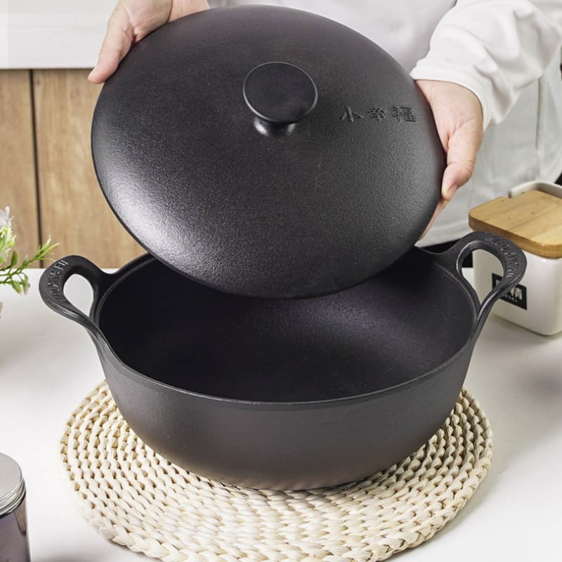 Pre-seasoned Pure Cast Iron Flat Bottom Wok with cast iron Lid