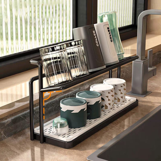 Space saving double-layer storage rack with cup holder, designed specifically for kitchen countertops