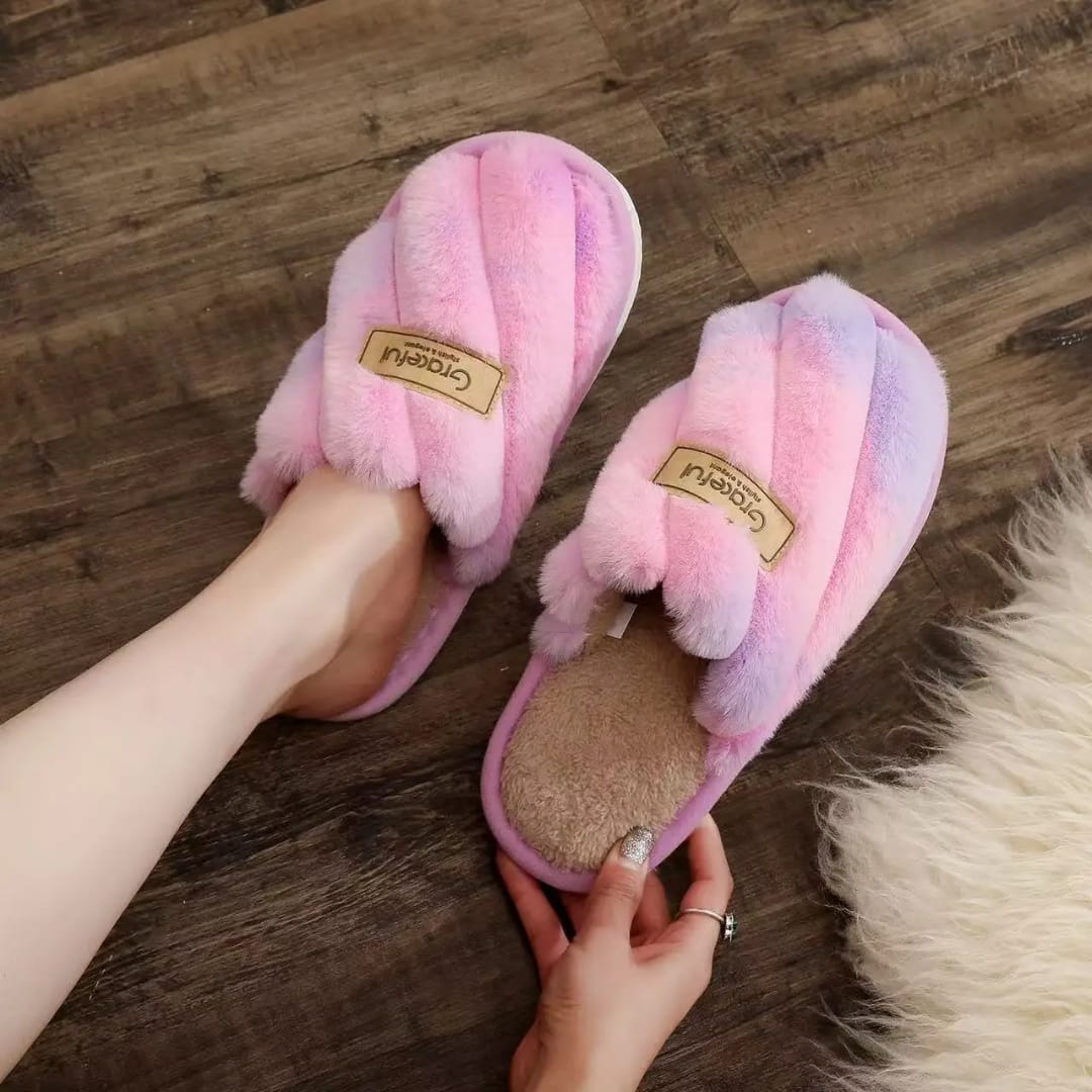 Women Pink Soft Fluffy Warm Fur Slippers Woman Winter Light Closed Toe Living Room Shoes Female