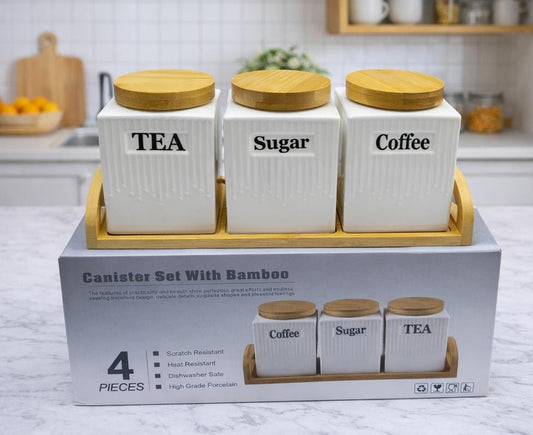 3pc Ceramic Canister Set with Bamboo Lids & Tray