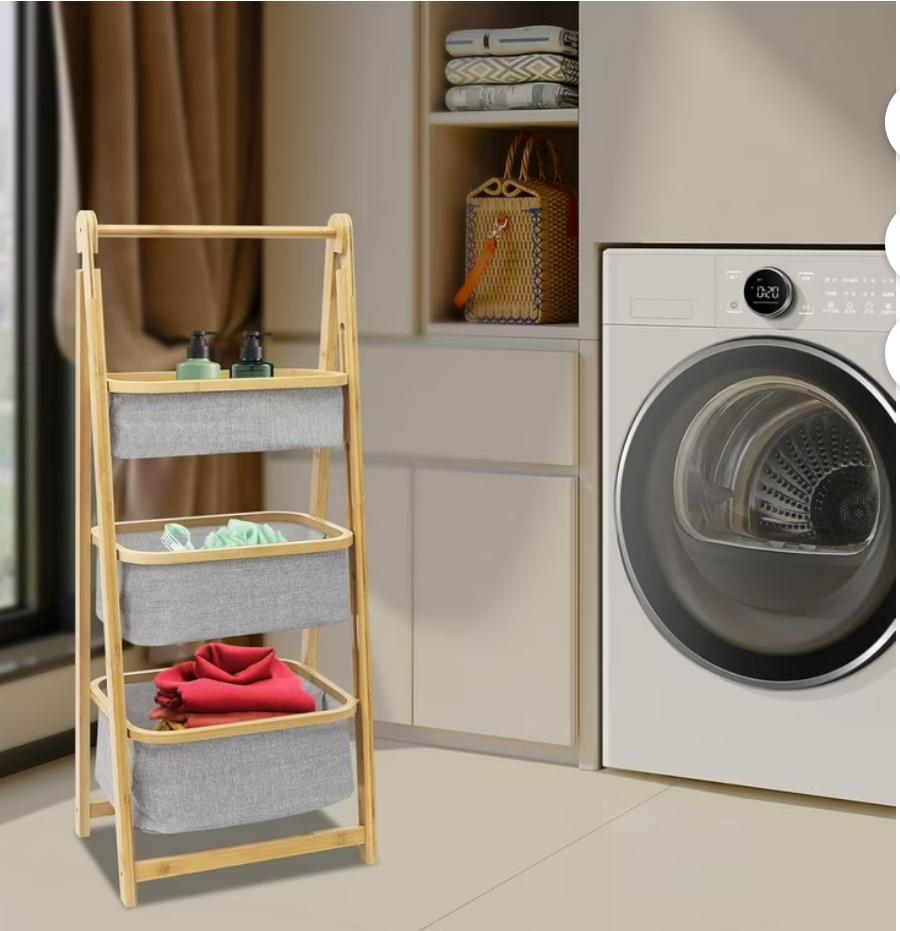 Foldable Bamboo Laundry Hamper Free-Standing Bamboo Frame Organiser with Pull-Out Fabric Baskets And Shelf, for Laundry Room Bathroom Bedroom Laundry Sorter Organizer, Style 3