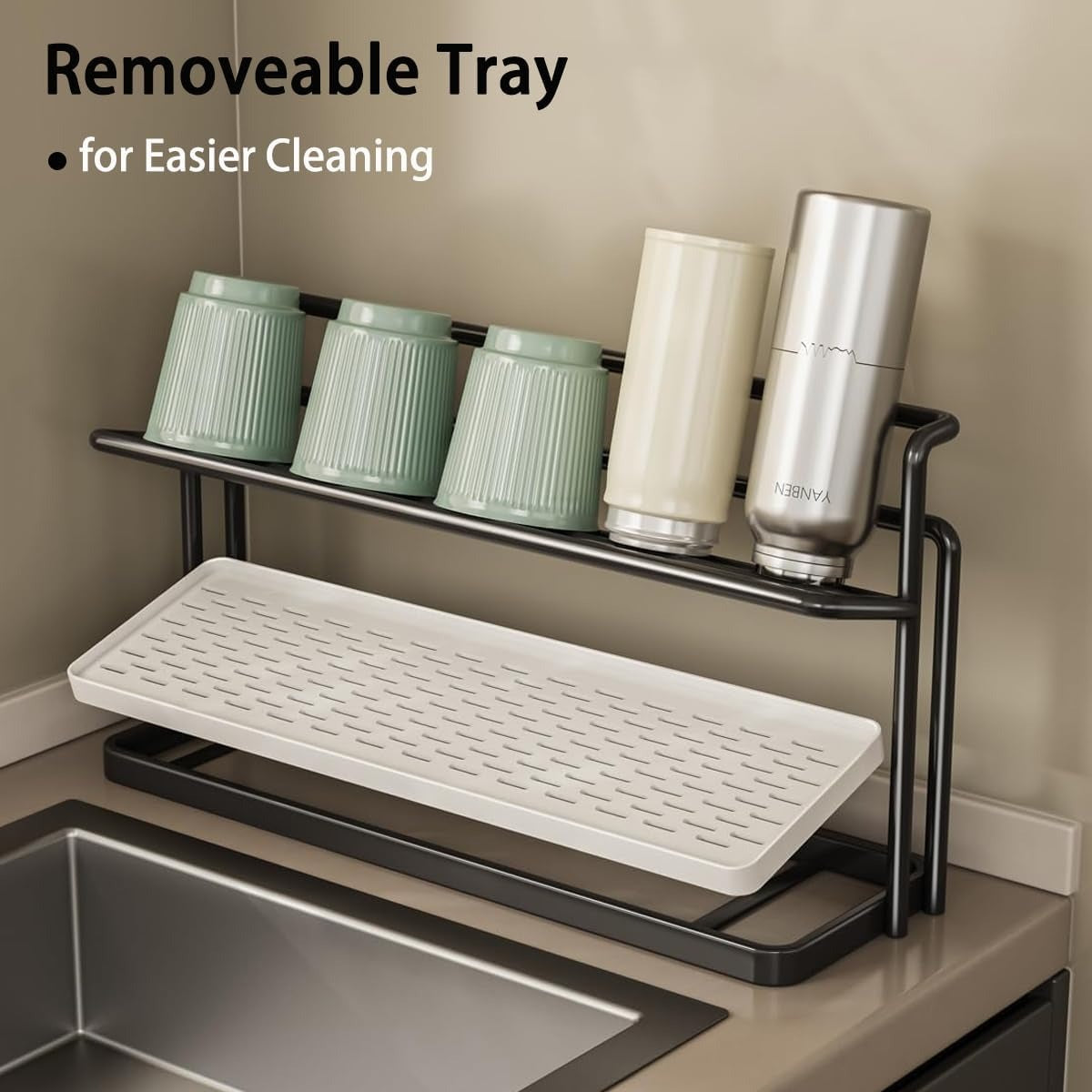 Space saving double-layer storage rack with cup holder, designed specifically for kitchen countertops