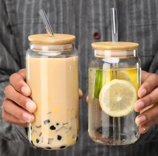 470ml transparent glass cup with bamboo holed lid