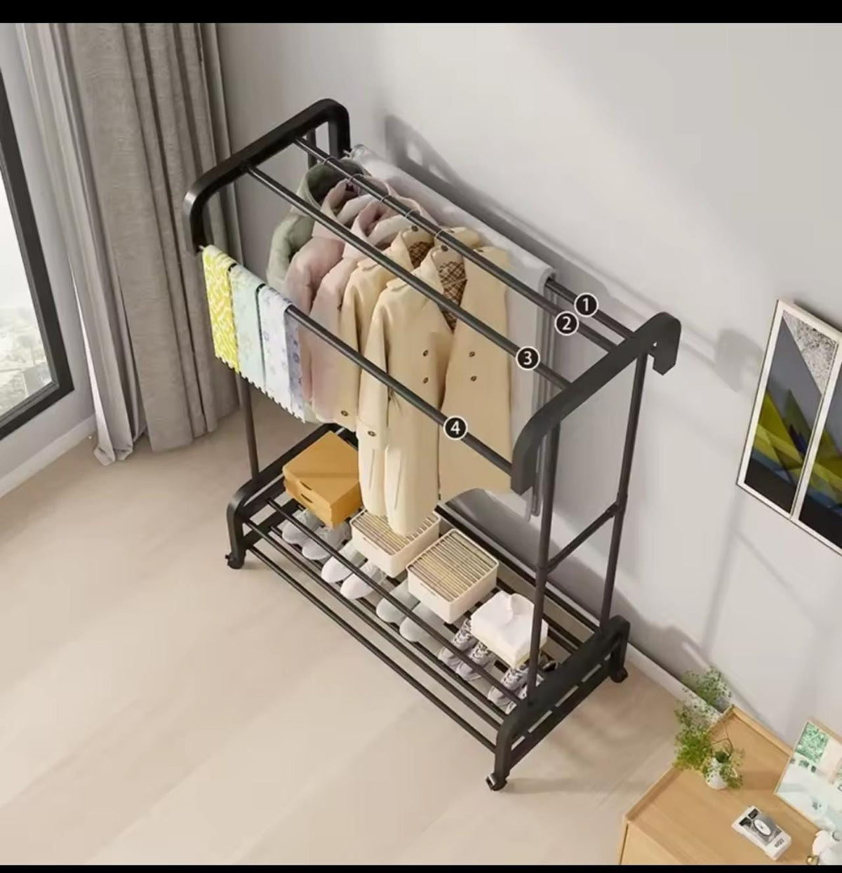 Double pole wheeled multifunctional clothes drying rack, with double layer shoe rack