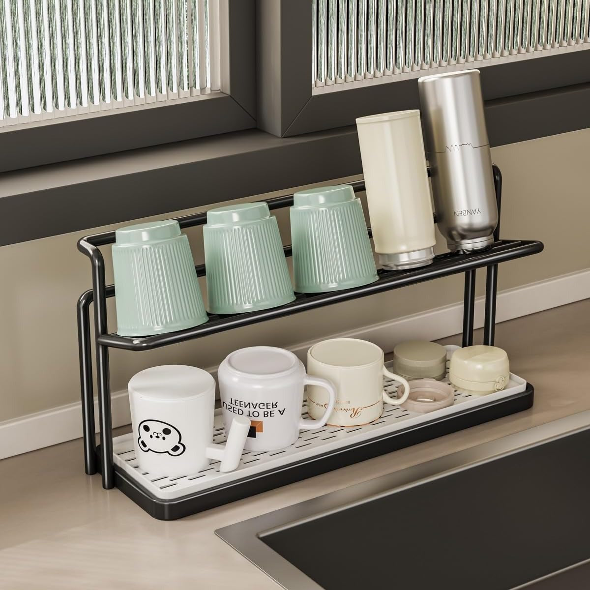 Space saving double-layer storage rack with cup holder, designed specifically for kitchen countertops