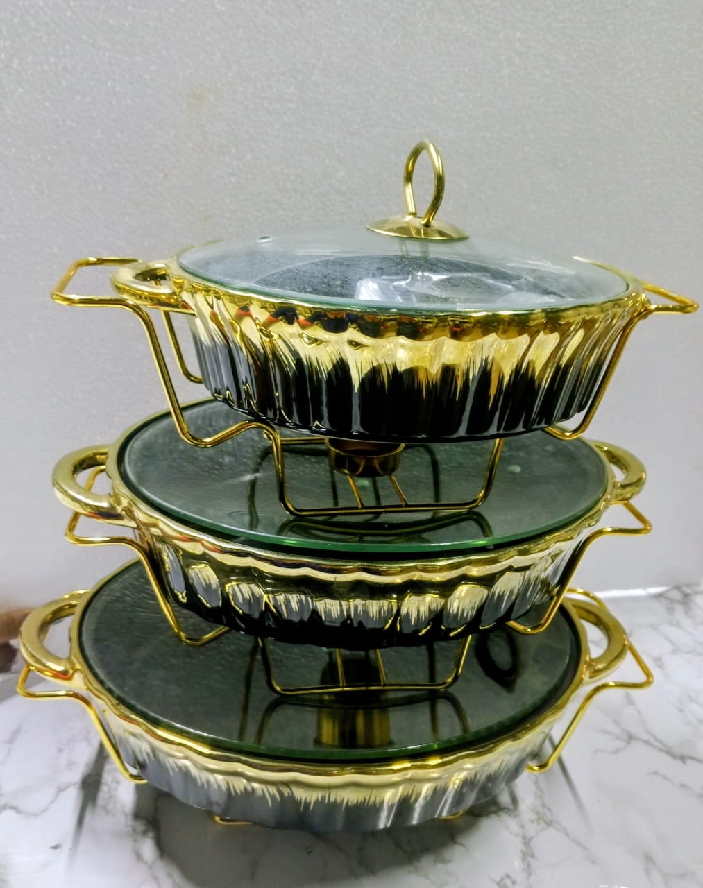3 in 1 cream white and gold chaffing dish