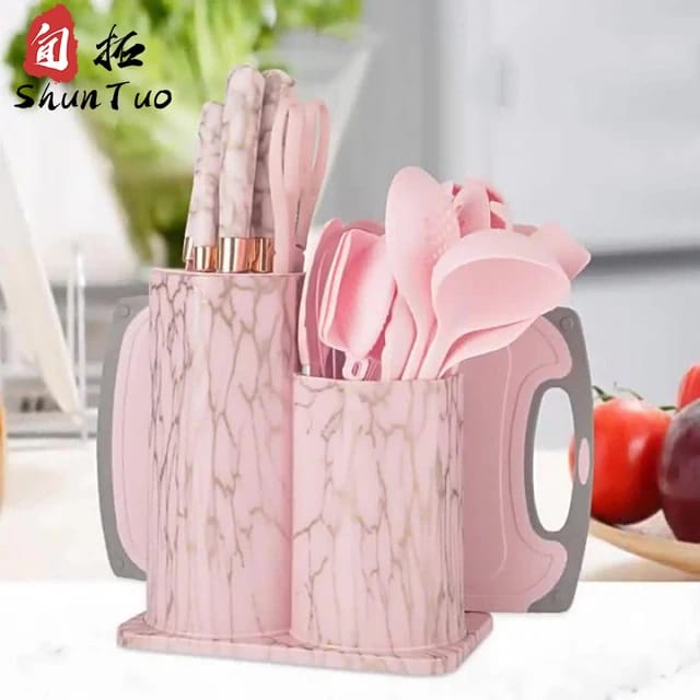 25pcs Silicon spoon & Knife Set with Block, Holder & Cutting Board