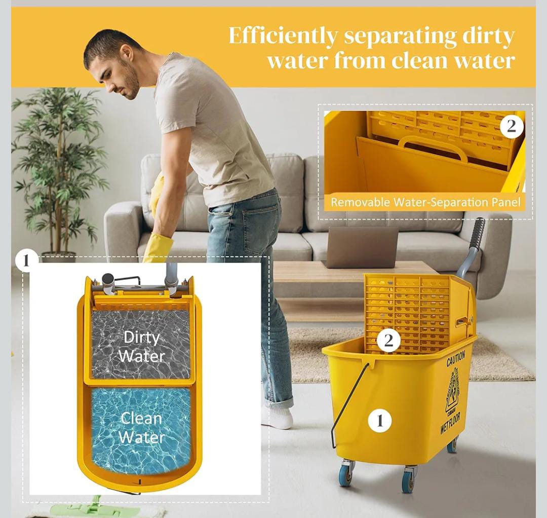 Heavy Duty cleaning Mop Bucket with Wringer Set on Wheels for Floor Cleaning, 20 Litre Side Press Wringer with Handle and Mop, Yellow