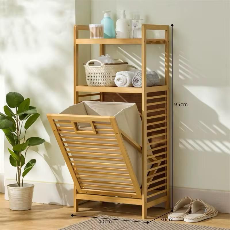 Bamboo Laundry Basket Organizer | 2-Tier Shelves & Tilt-Out Basket