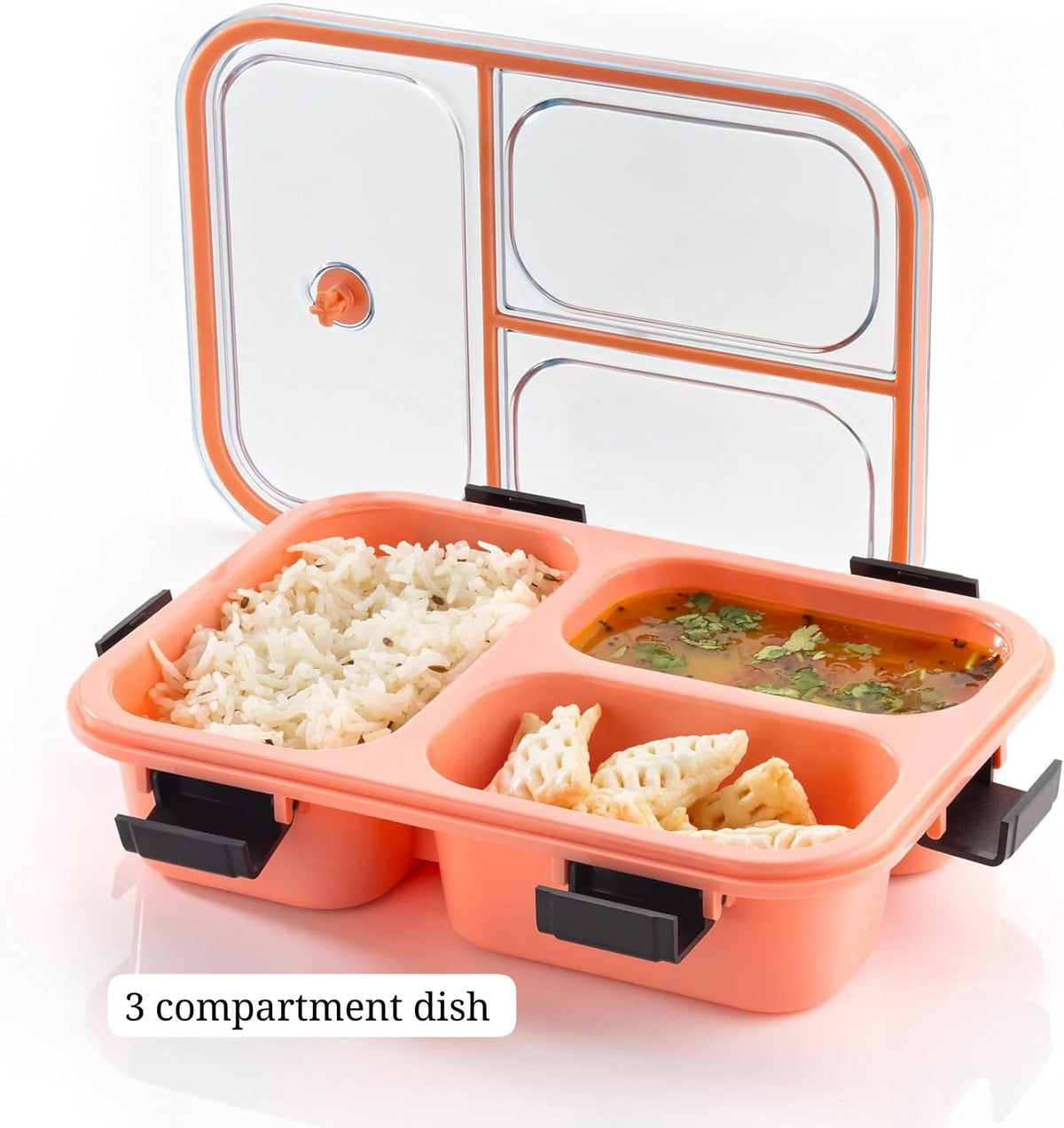 3-Compartment, 3-grid Bento Lunch Box with Spoon, Leak-Proof Food Container, Snap-Lock Lid, Silicone Washer